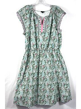 Talbots Floral Voile Fit & Flare Dress Lined Sz 16 Green Pink Cap Sleeves Beachy